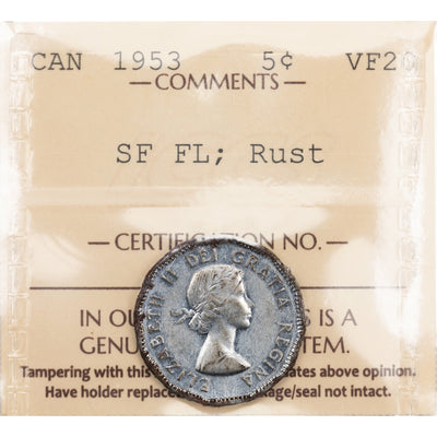 Canada 1953 Mule SF FL 5 Cents Coin - ICCS VF-20 (rust)
