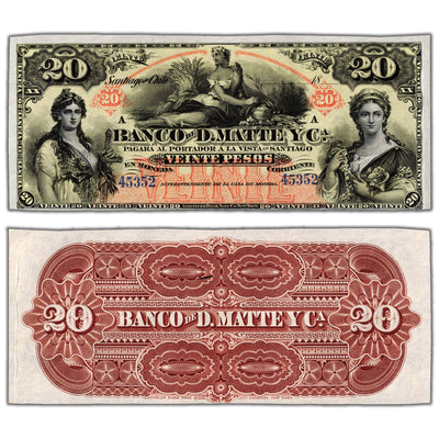Chile Banco De D. Matte Y Ca 1888 20 Twenty Pesos Remainder Note P #S279r - AU