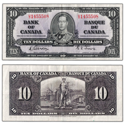$10 1937 Bank of Canada Note Gordon-Towers U/D Prefix BC-24b - Abt. EF