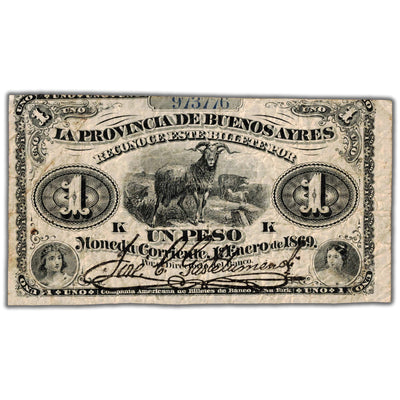 Argentina La Provincia de Buenos Aires 1869 1 One Peso Note P #S481b - Circulated