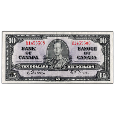 $10 1937 Bank of Canada Note Gordon-Towers U/D Prefix BC-24b - Abt. EF