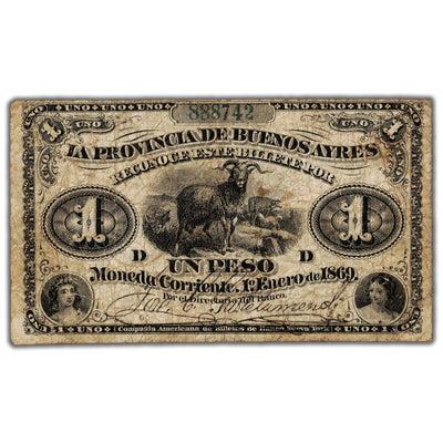 Argentina La Provincia de Buenos Aires 1869 1 One Peso Note P #S481b - Circulated