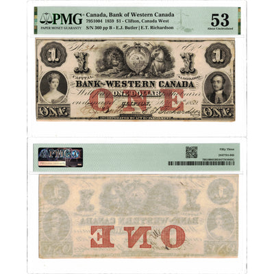 $1 1859 Bank of Western Canada Chartered Note #795-10-04 - PMG AU-53