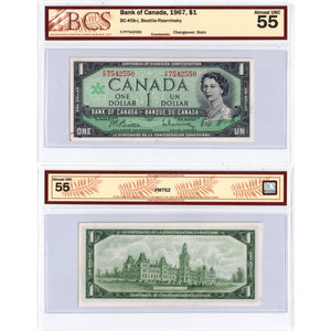 SOLD $1 1967 Bank of Canada Note Beattie-Rasminsky F/P Prefix BC-45b-i - BCS AU-55