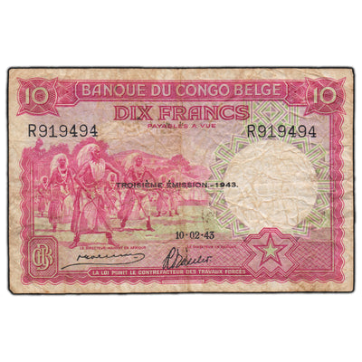 SOLD Belgian Congo 1943 10 Francs Note P-14c