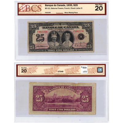 SOLD $25 1935 Banque Du Canada French Text Note BC-12 - BCS VF-20 (minor missing piece)