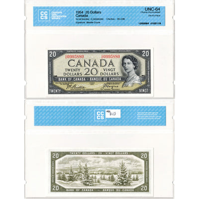 SOLD $20 1954 Bank of Canada Note Devil Face C/E Prefix BC-33b - CCCS UNC-64
