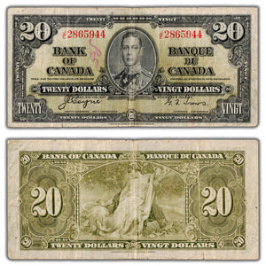 SOLD $20 1937 Bank of Canada Note Coyne-Towers J/E Prefix BC-25c - Writing