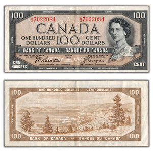 SOLD $100 1954 Bank of Canada Note Beattie-Coyne A/J Prefix BC-43a - Circulated