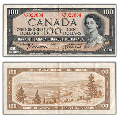 SOLD $100 1954 Bank of Canada Note Beattie-Coyne A/J Prefix BC-43a - Circulated