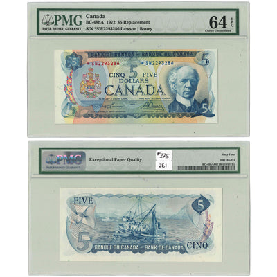 SOLD $5 1972 Bank of Canada Note *SW Replacement Prefix BC-48bA - PMG UNC-64 EPQ
