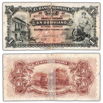 Bolivia El Banco Agricola 1903 1 One Boliviano Note P #S101 - Taped/Issues