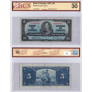 SOLD $5 1937 Bank of Canada Note Gordon-Towers U/C Prefix BC-23b - BCS VF-30