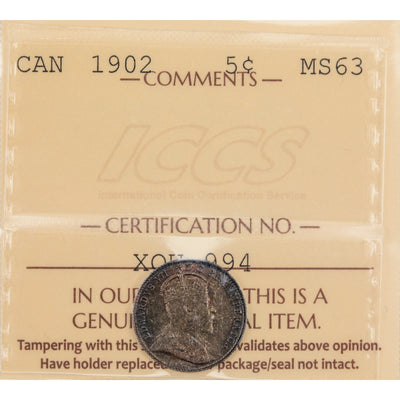 Canada 1902 5 Cents Coin - ICCS MS-63