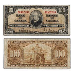 SOLD $100 1937 Bank of Canada Note Gordon-Towers B/J Prefix BC-27b - Minor Writing