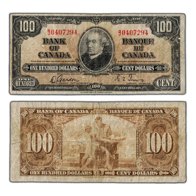 SOLD $100 1937 Bank of Canada Note Gordon-Towers B/J Prefix BC-27b - Minor Writing