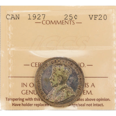 Canada 1927 25 Cents Quarter Silver Coin - ICCS VF-20