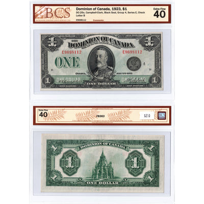 SOLD $1 1923 Dominion of Canada Note Black Seal Series E DC-25o - BCS EF-40