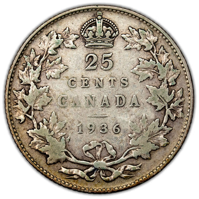 Canada 1936 Dot 25 Cents Quarter Silver Coin - Fine