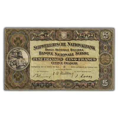 SOLD Switzerland 1951 5 Francs Note P #11o.2 - Holes