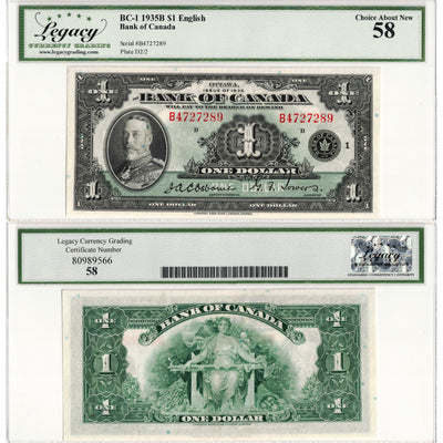 $1 1935 Bank of Canada Note English Text Letter 'B' BC-1 - Legacy AU-58