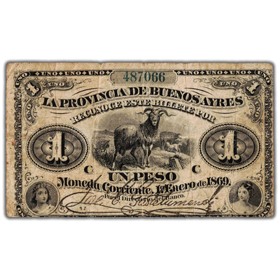 Argentina La Provincia de Buenos Aires 1869 1 One Peso Note P #S481b - Circulated