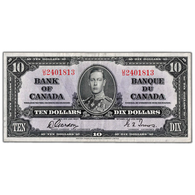 $10 1937 Bank of Canada Note Gordon-Towers U/D Prefix BC-24b - VF/EF