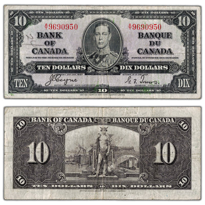$10 1937 Bank of Canada Note Coyne-Towers A/T Prefix BC-24c - Writing
