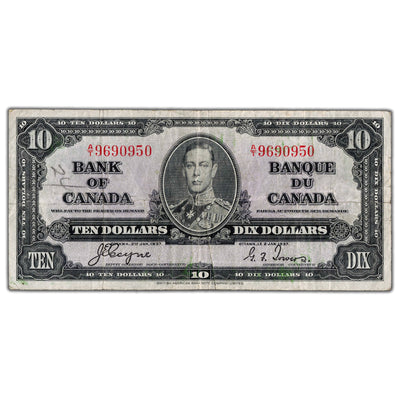 $10 1937 Bank of Canada Note Coyne-Towers A/T Prefix BC-24c - Writing