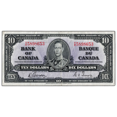 $10 1937 Bank of Canada Note Gordon-Towers T/D Prefix BC-24b - VF/EF