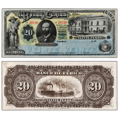Chile El Banco de Curico 1882 20 Twenty Pesos Remainder Note P #S220r - EF/AU