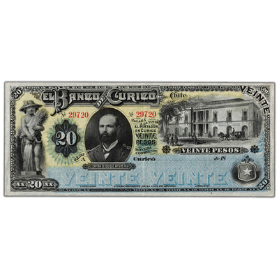 Chile El Banco de Curico 1882 20 Twenty Pesos Remainder Note P #S220r - EF/AU
