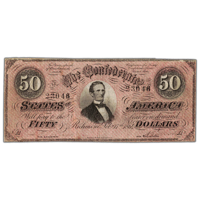 United States 1864 Confederate States $50 Fifty Dollars Note - Circulated