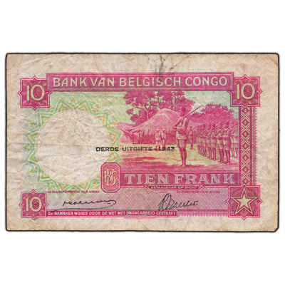 SOLD Belgian Congo 1943 10 Francs Note P-14c