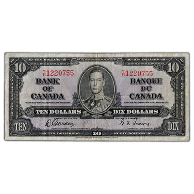 $10 1937 Bank of Canada Note Gordon-Towers T/D Prefix BC-24b - VF