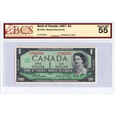 SOLD $1 1967 Bank of Canada Note Beattie-Rasminsky F/P Prefix BC-45b-i - BCS AU-55