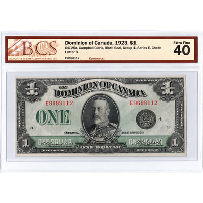 SOLD $1 1923 Dominion of Canada Note Black Seal Series E DC-25o - BCS EF-40