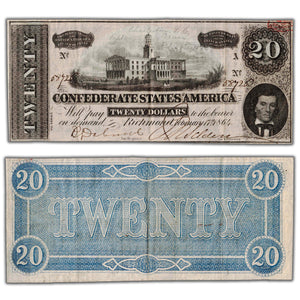 SOLD United States Confederate 1864 $20 Twenty Dollars Note T-67 - Writing