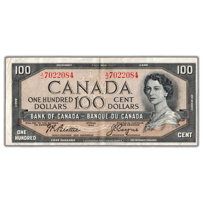 SOLD $100 1954 Bank of Canada Note Beattie-Coyne A/J Prefix BC-43a - Circulated