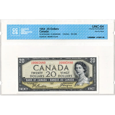 SOLD $20 1954 Bank of Canada Note Devil Face C/E Prefix BC-33b - CCCS UNC-64