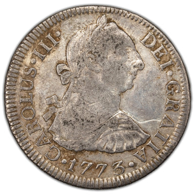 Mexico 1773 Inverted Mo FM 2 Reales Silver Coin - Obverse Scratch