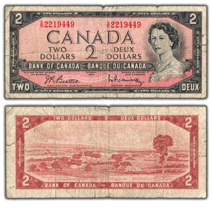 SOLD $2 1954 Bank of Canada Note S/R Test Prefix BC-38bT - Small Edge Tears