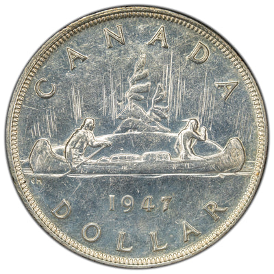 SOLD Canada 1947 Blunt 7 $1 Silver Dollar Coin - Harshly Cleaned / Scratched