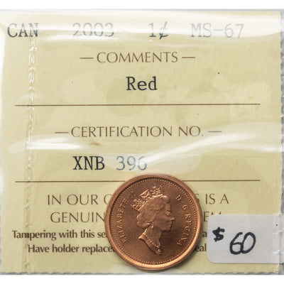 SOLD Canada 2003 1 Small Cent Coin - ICCS MS-67 Red