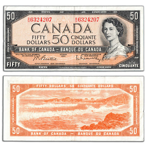 SOLD $50 1954 Bank of Canada Note Beattie-Rasminsky B/H Prefix BC-42b