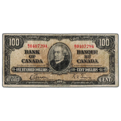 SOLD $100 1937 Bank of Canada Note Gordon-Towers B/J Prefix BC-27b - Minor Writing