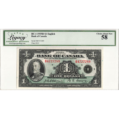 $1 1935 Bank of Canada Note English Text Letter 'B' BC-1 - Legacy AU-58