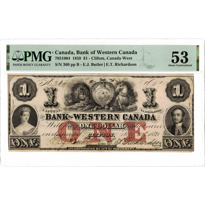 $1 1859 Bank of Western Canada Chartered Note #795-10-04 - PMG AU-53