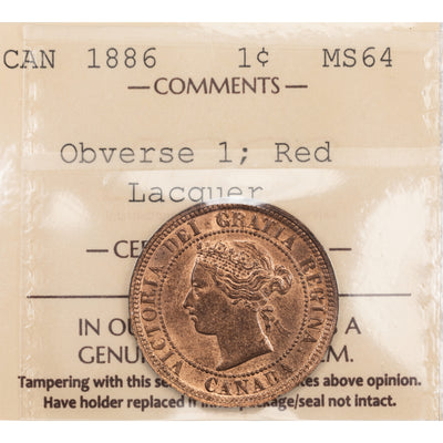 SOLD Canada 1886 Obverse 1 Large Cent Coin - ICCS MS-64 Red (lacquer)