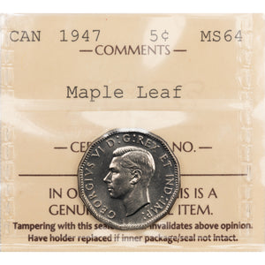 SOLD Canada 1947 Maple Leaf 5 Cents Coin - ICCS MS-64